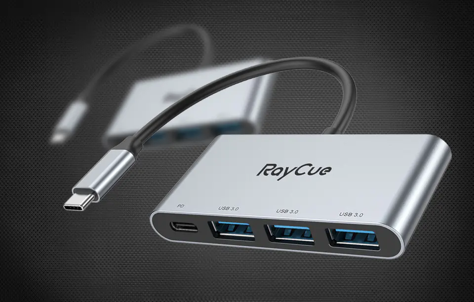 Hub 4w1 RayCue USB-C do 3x USB-A 3.0 5Gbps + PD 3.0 100W (szary)