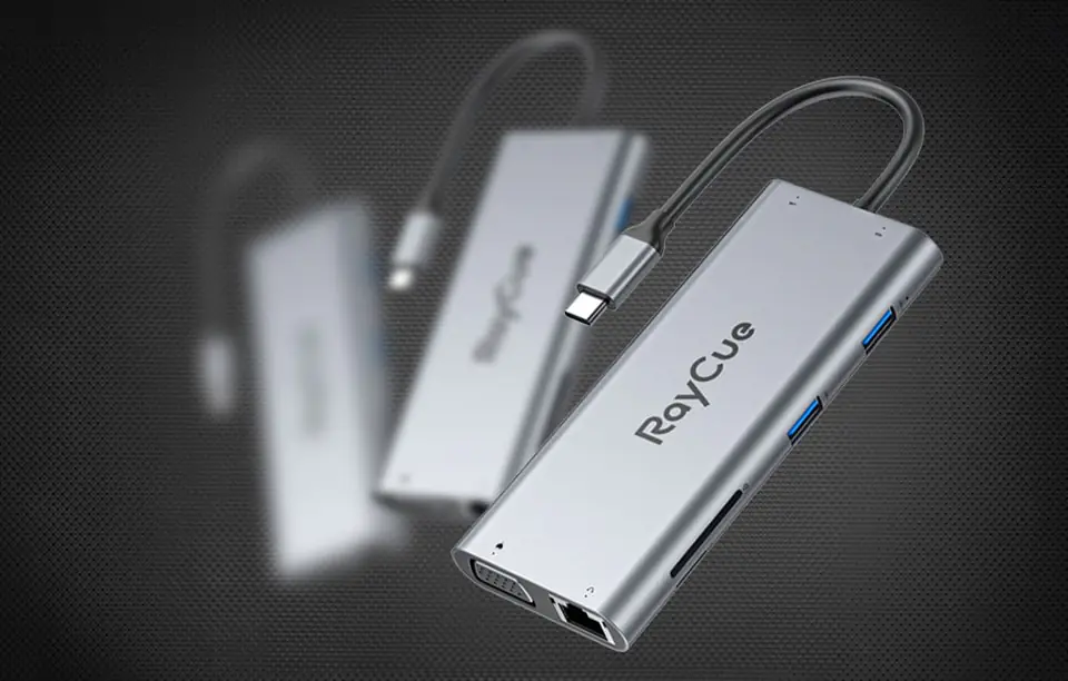 Hub 11w1 RayCue USB-C do 2x USB-A 2.0 480Mbps + 3x USB-A 3.2 5Gbps + SD/TF 3.0 + HDMI 4K30Hz + VGA 1080p + RJ45 + PD 3.0 100W (szary)