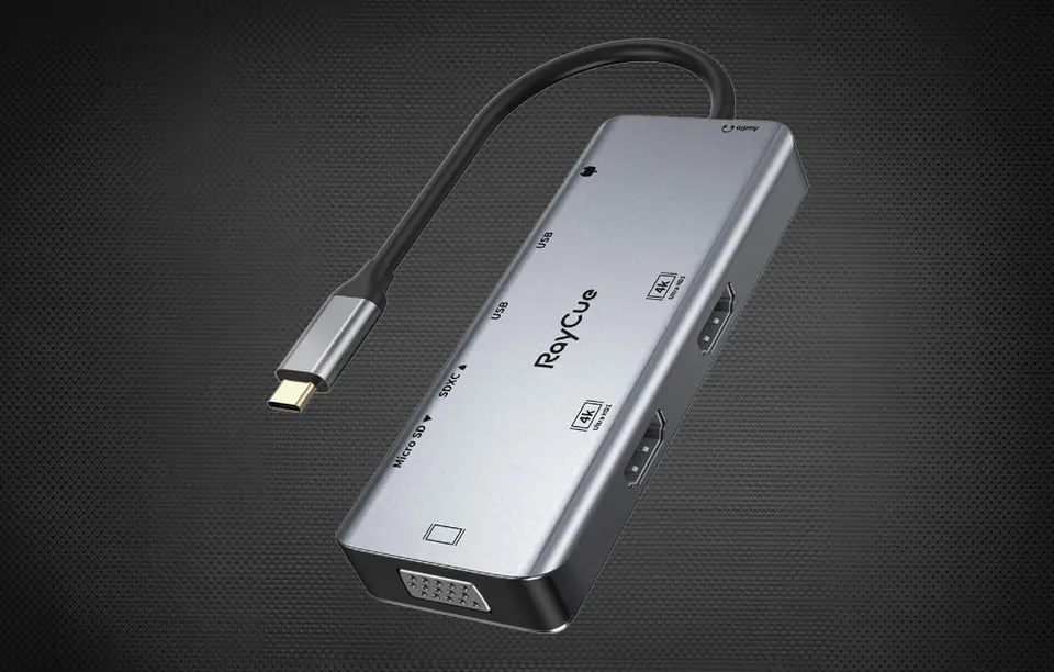 Hub 9w1 RayCue USB-C do 2x USB-A 3.0 5Gbps + 2x SD/TF 3.0 + 2x HDMI 4K30Hz + VGA 1080p + jack 3,5mm + PD 3.0 100W (szary)