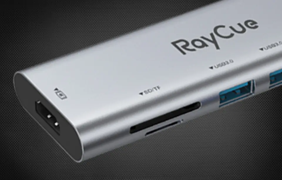 Hub 7w1 RayCue USB-C do 3x USB-A 3.0 5Gbps + SD/TF 3.0 + HDMI 4K30Hz + PD 3.0 100W (szary)