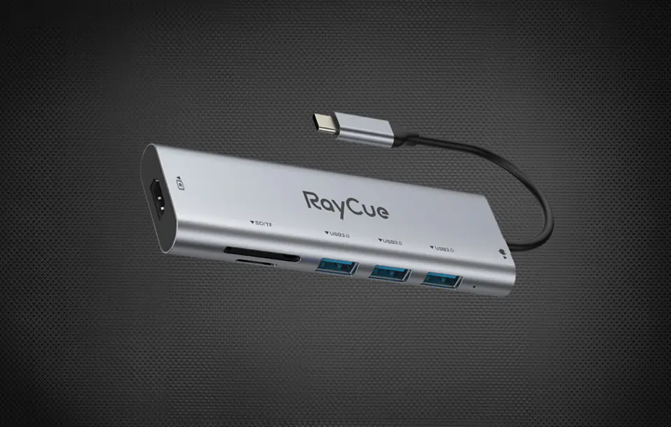 Hub 7w1 RayCue USB-C do 3x USB-A 3.0 5Gbps + SD/TF 3.0 + HDMI 4K30Hz + PD 3.0 100W (szary)
