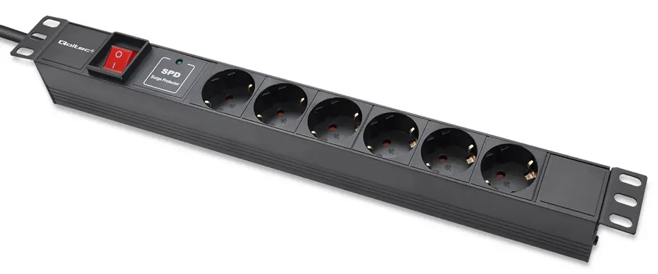 Qoltec Aluminiowa Listwa zasilająca  PDU do  RACK 19'' | 1U | 16A |  6xSCHUKO | 1.8m