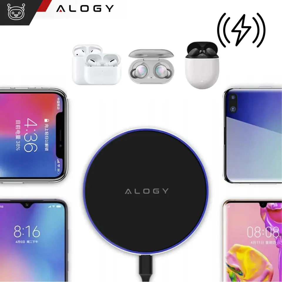 Ładowarka indukcyjna QI bezprzewodowa 20W szybka LED Alogy okrągła mocna + kabel USB-C Czarna