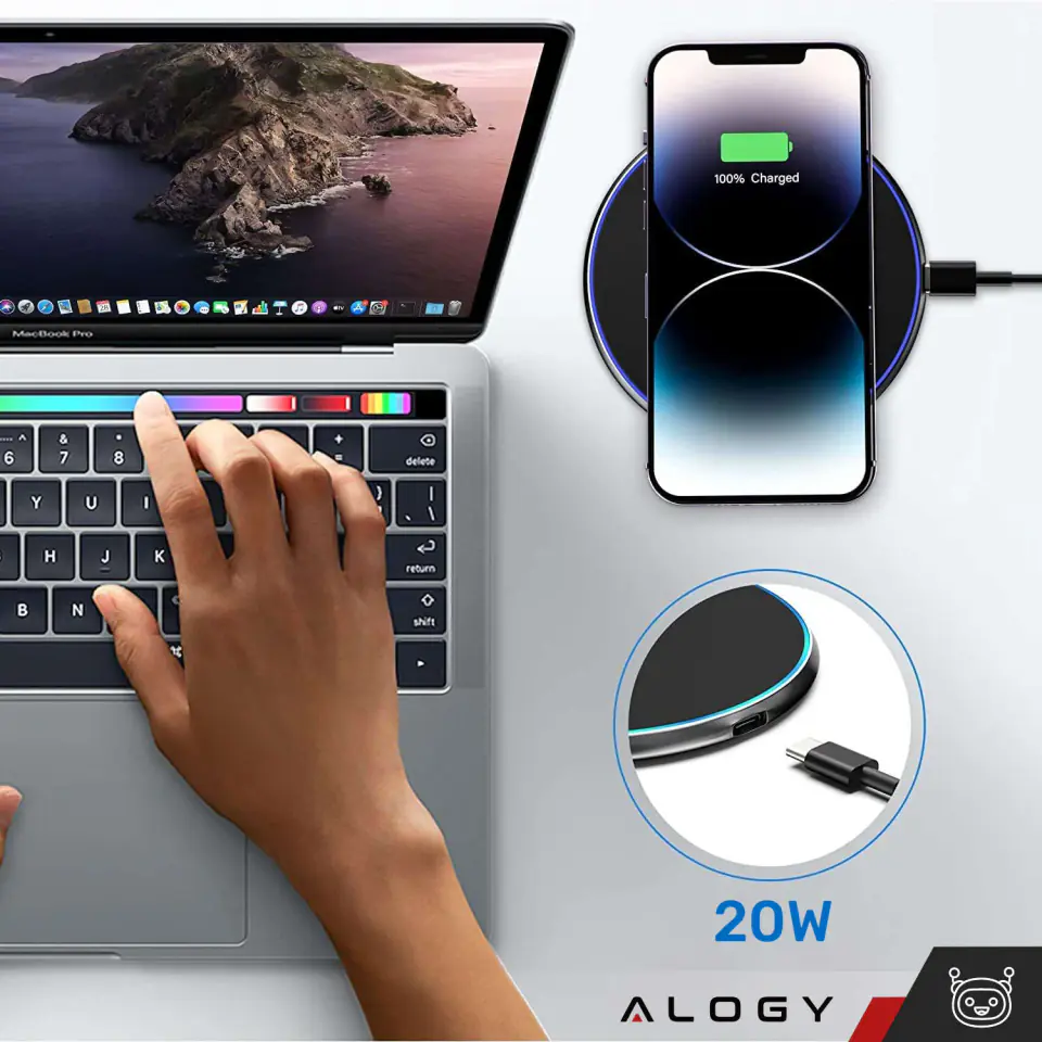 Ładowarka indukcyjna QI bezprzewodowa 20W szybka LED Alogy okrągła mocna + kabel USB-C Czarna