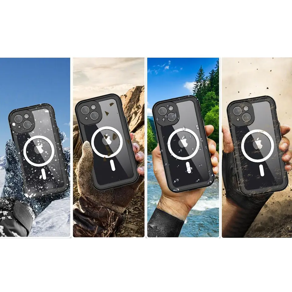 Etui do iPhone 15 Plus wodoodporne Mag Safe Case pancerne wodoszczelne obudowa czarno-szare