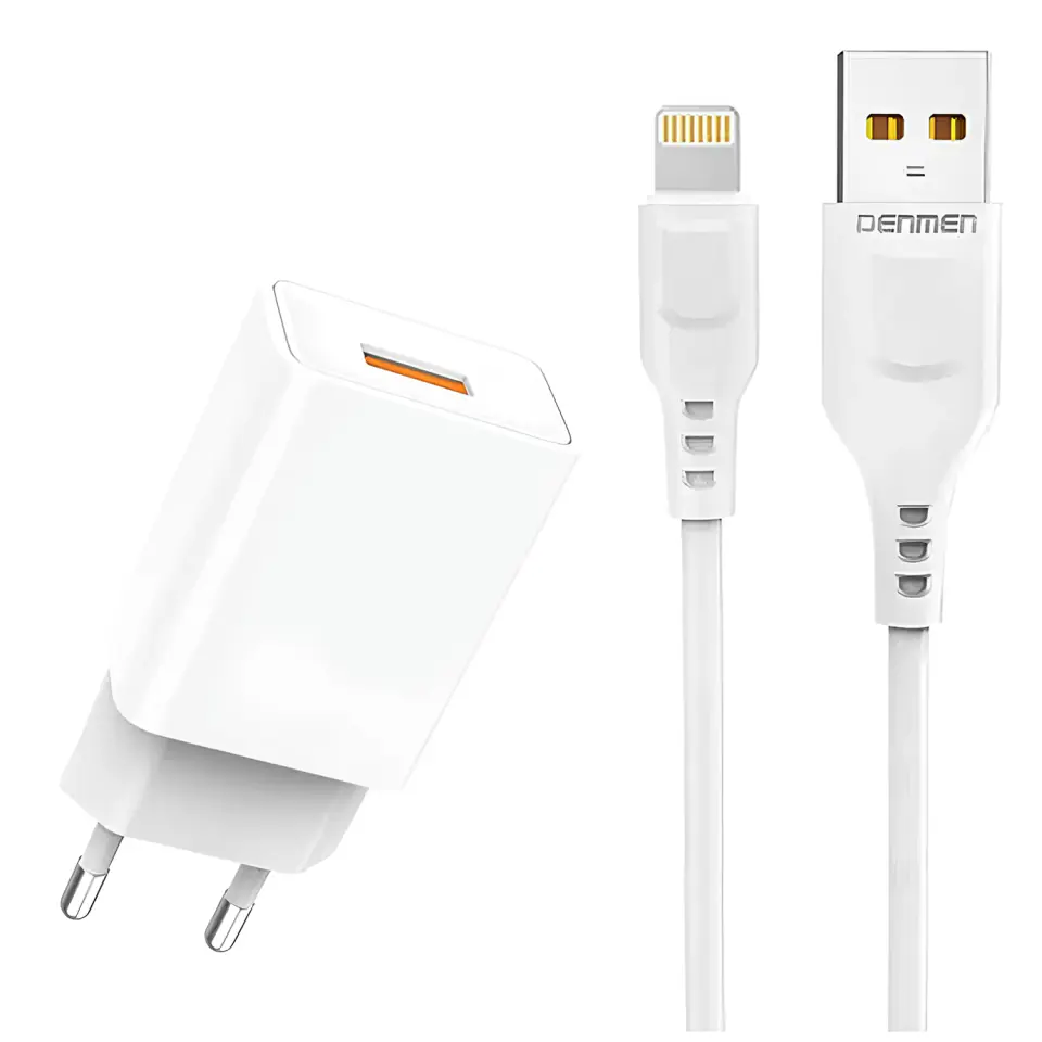 Ładowarka sieciowa USB + kabel USB - Lightning do iPhone 1m szybka 2.4A 12W Denmen Biała