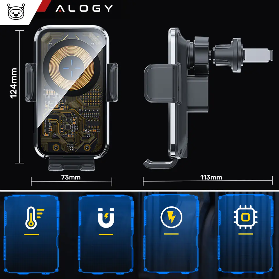 Uchwyt samochodowy z ładowarka indukcyjna Qi 15W na kratkę samochodu auta kratki do telefonu 6.9" Alogy Czarny