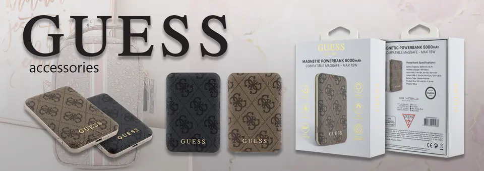 Guess Powerbank indukcyjny 15W GUPB5FP4EMGW 5000mAh brązowy/brown 4G Leather Metal Logo MagSafe