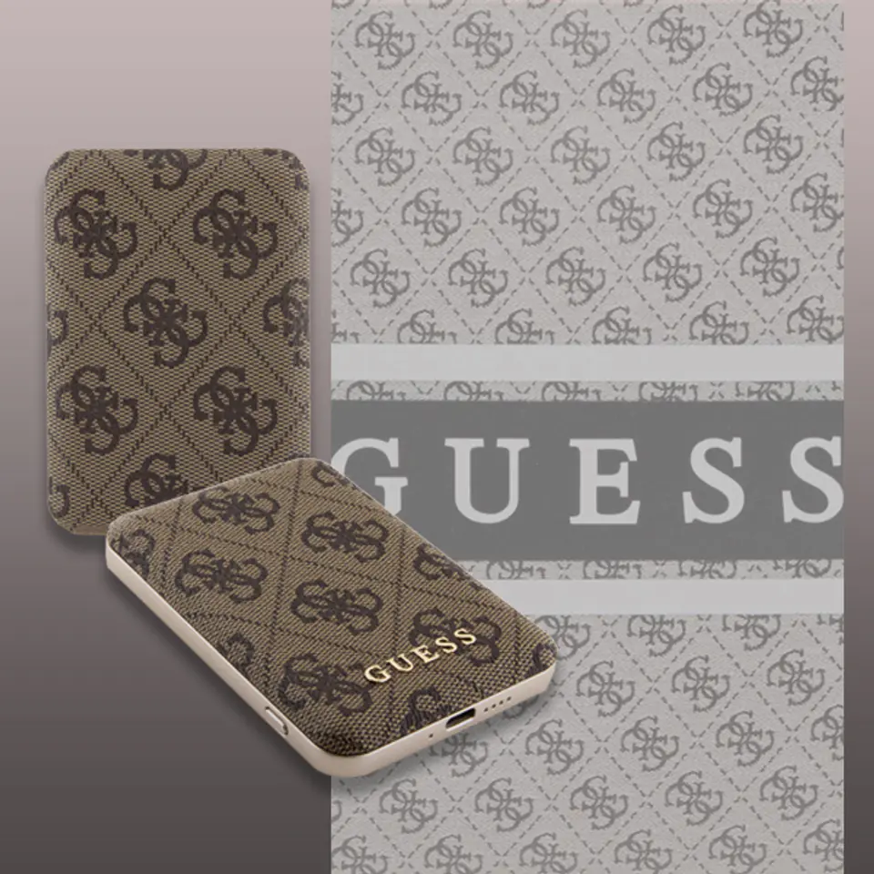 Guess Powerbank indukcyjny 15W GUPB5FP4EMGW 5000mAh brązowy/brown 4G Leather Metal Logo MagSafe