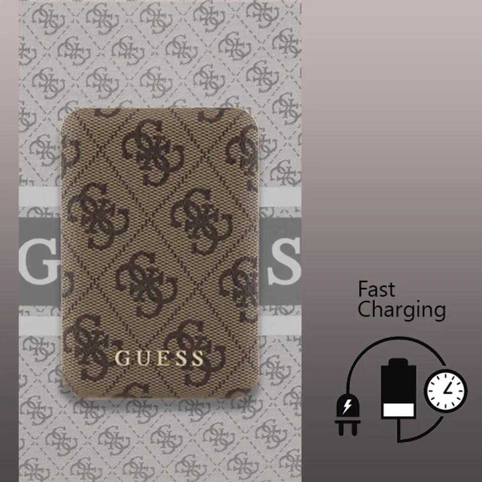 Guess Powerbank indukcyjny 15W GUPB5FP4EMGW 5000mAh brązowy/brown 4G Leather Metal Logo MagSafe