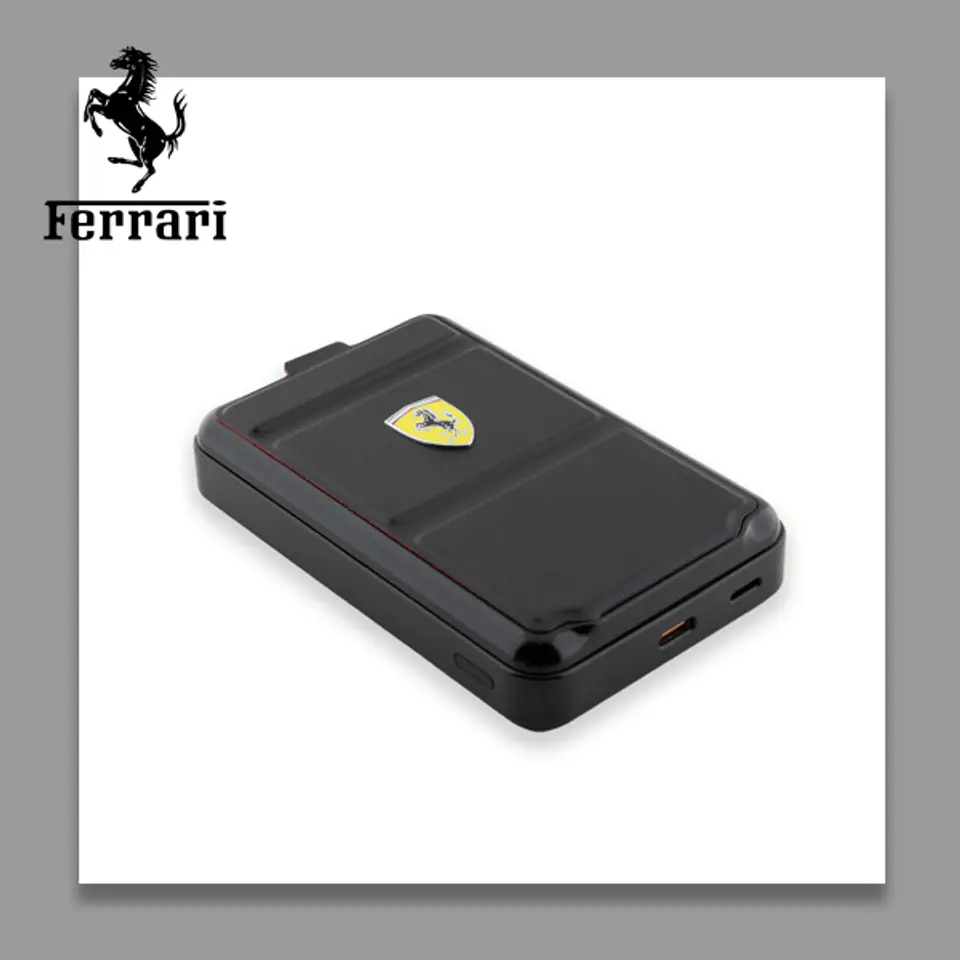 Ferrari Powerbank Bezprzewodowy 15W FEPB10MSPLEK 10000 mAh z funkcją standu czarny/black Metal Logo MagSafe