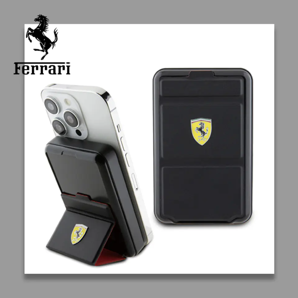 Ferrari Powerbank Bezprzewodowy 15W FEPB10MSPLEK 10000 mAh z funkcją standu czarny/black Metal Logo MagSafe