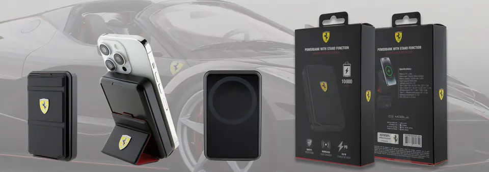 Ferrari Powerbank Bezprzewodowy 15W FEPB10MSPLEK 10000 mAh z funkcją standu czarny/black Metal Logo MagSafe