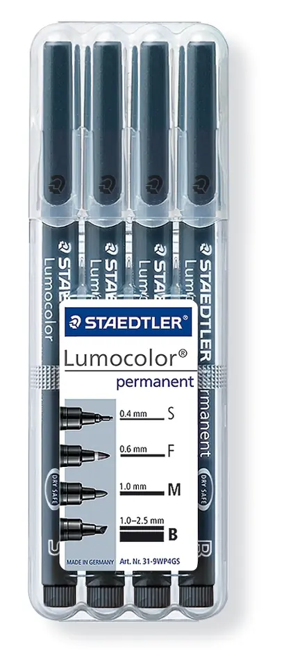 Foliopis LUMOCOLOR zestaw 4grubości (0,4; 0,6; 1,0;1,0-2,5mm) czarne S 31-9 WP4GS STAEDTLER