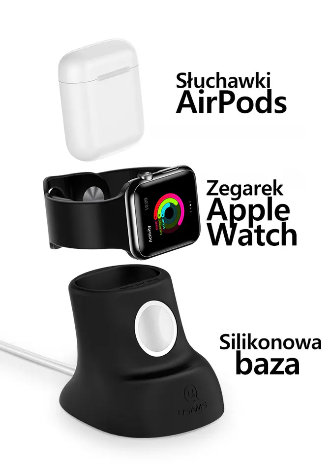 USAMS Silikonowy stojak 2w1 do ładowania Apple Watch i AirPods czarny/black ZJ51ZJ01 (US-ZJ051)