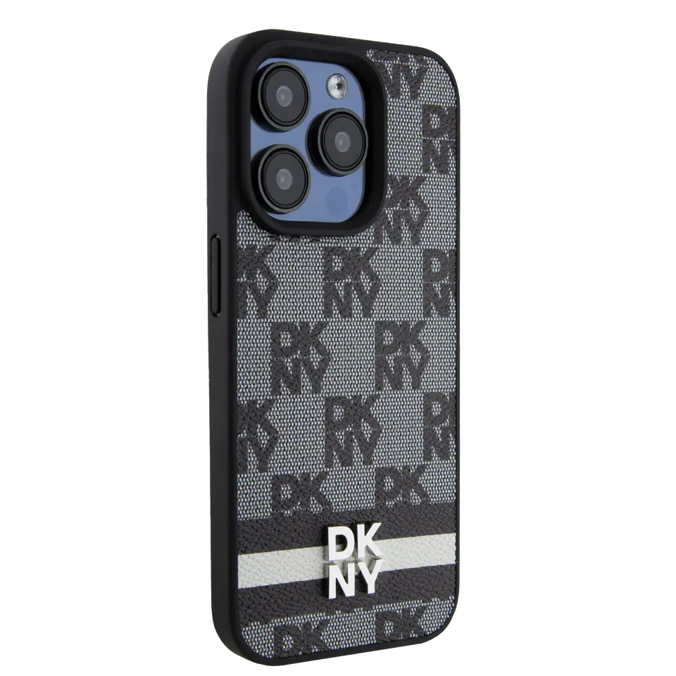 Oryginalne Etui IPHONE 13 / 14 / 15 DKNY Hardcase Leather Checkered Mono Pattern & Printed Stripes (DKHCP15SPCPTSSK) czarne