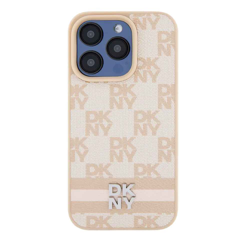 Oryginalne Etui APPLE IPHONE 15 PRO DKNY Hardcase Leather Checkered Mono Pattern & Printed Stripes (DKHCP15LPCPTSSP) różowe