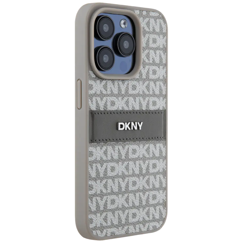 Oryginalne Etui IPHONE 14 PRO DKNY Hardcase Leather Mono Stripe & Metal Logo (DKHCP14LPRTHSLE) beżowe