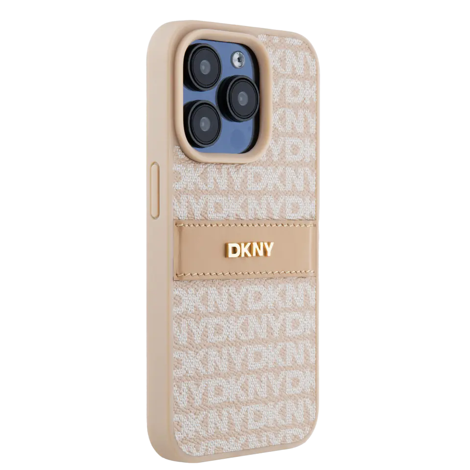 Oryginalne Etui IPHONE 15 PLUS / 14 PLUS DKNY Hardcase Leather Mono Stripe & Metal Logo (DKHCP15MPRTHSLP) różowe