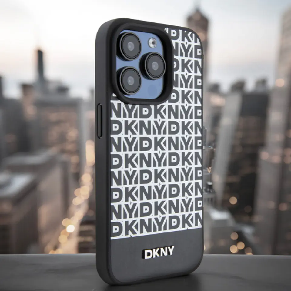 Oryginalne Etui IPHONE 13 / 14 / 15 DKNY Hardcase Leather Printed Pattern Metal Logo MagSafe (DKHMP15SPSOSPK) czarne