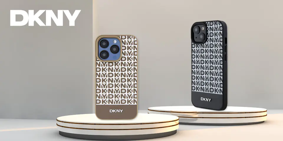 Oryginalne Etui IPHONE 13 / 14 / 15 DKNY Hardcase Leather Printed Pattern Metal Logo MagSafe (DKHMP15SPSOSPW) brązowe