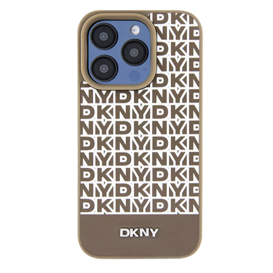Oryginalne Etui IPHONE 13 / 14 / 15 DKNY Hardcase Leather Printed Pattern Metal Logo MagSafe (DKHMP15SPSOSPW) brązowe