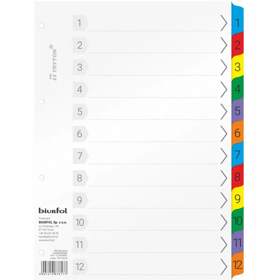Przekładki laminowane A4 1-12 numeryczne TRY-04-03 BIURFOL