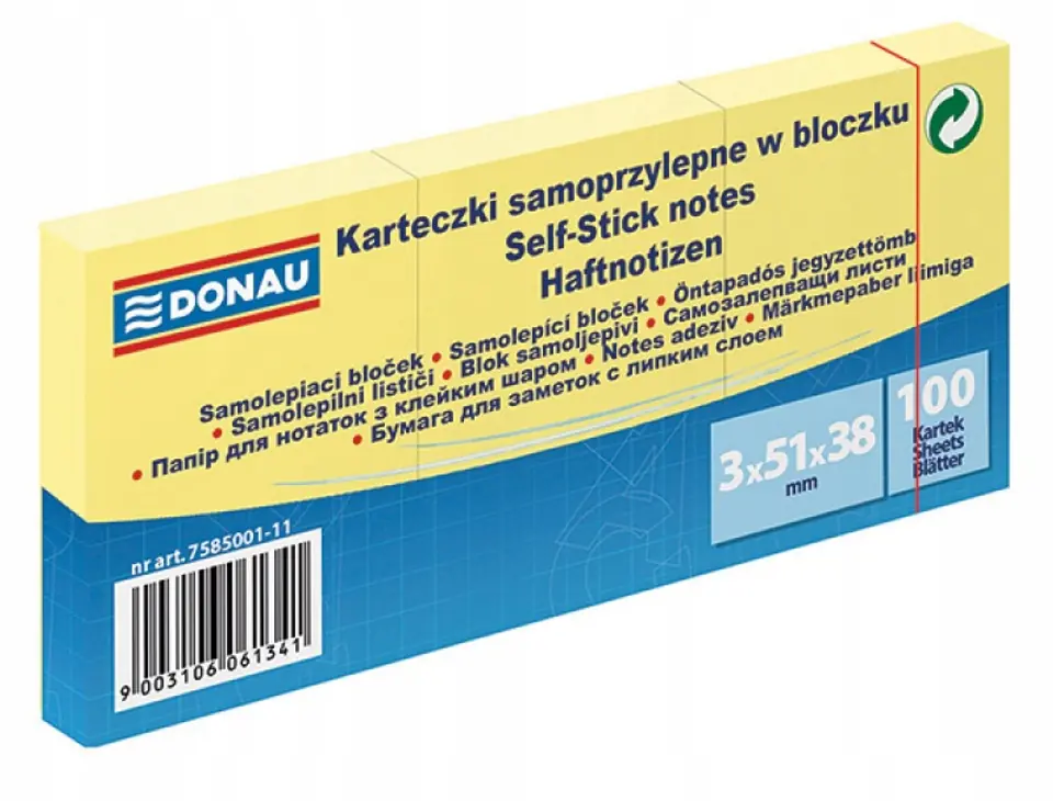 Bloczek samoprzylepny 51x38mm 100k żółty (3szt) DONAU 7585001-11