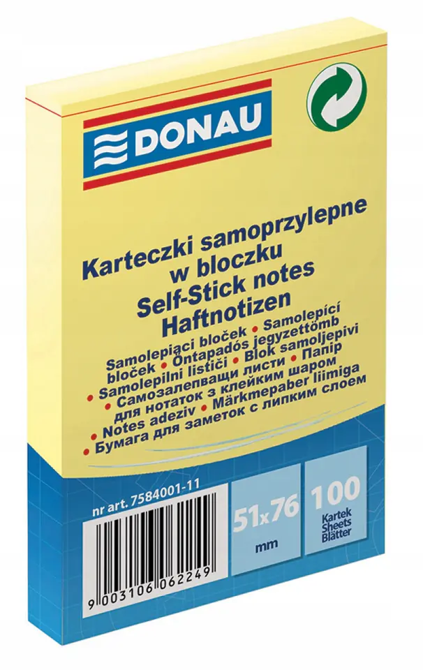 Bloczek samoprzylepny 51x76mm 100k żółty DONAU 7584001-11