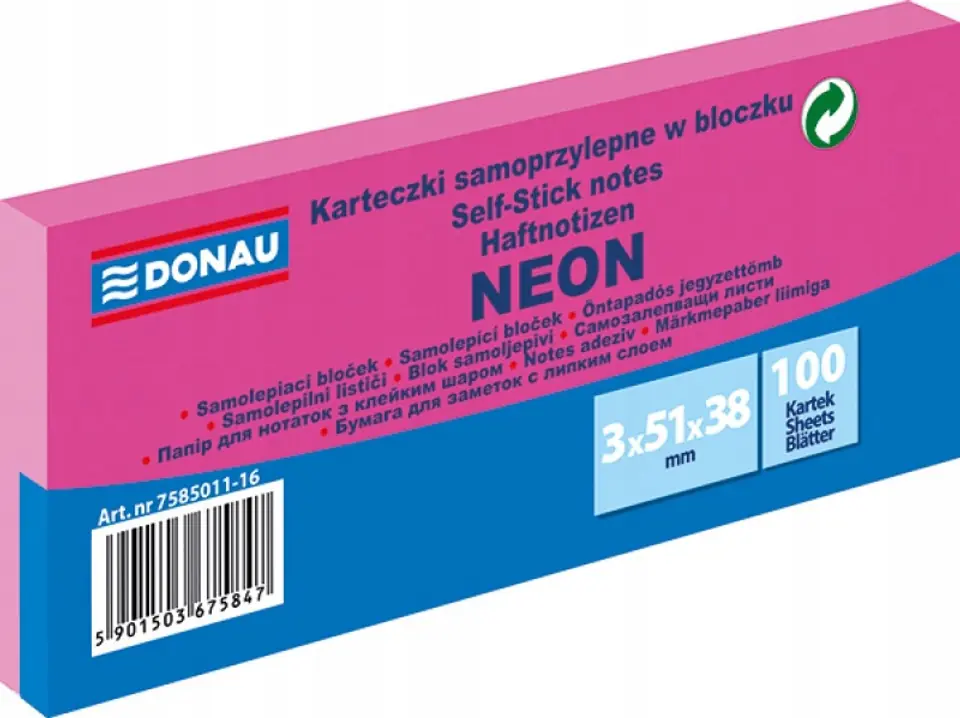 Bloczek samoprzylepny 38x51mm 100k neon różowy (3szt) 7585011-16 DONAU