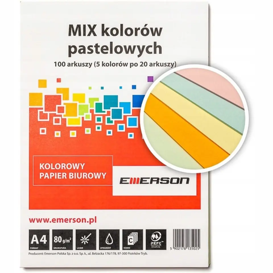 Papier ksero A4 80g mix pastel 100ark Kanarkowy, Różowy, Pomarańczowy, Jasny Niebieski, Jasny Zielony xem1000n EMERSON