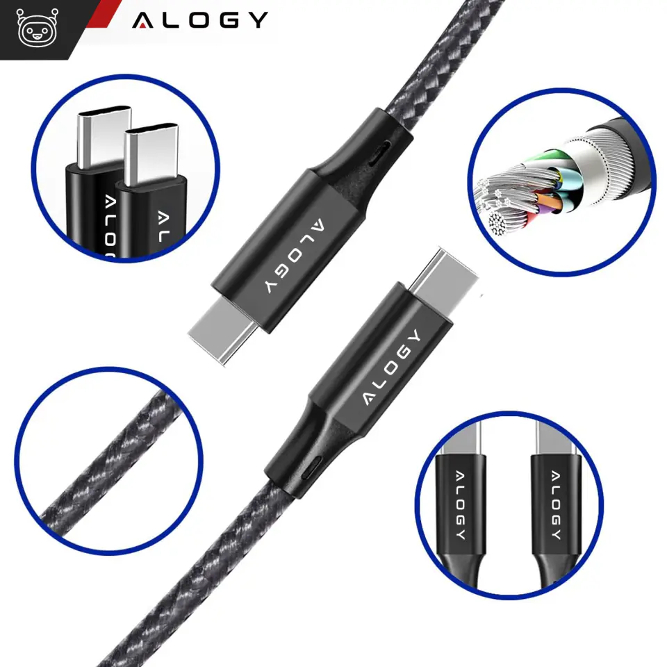 Kabel USB-C typ C mocny szybki 60W PD 2M do iPhone 15/Pro/Max nylonowy przewód Alogy Czarny