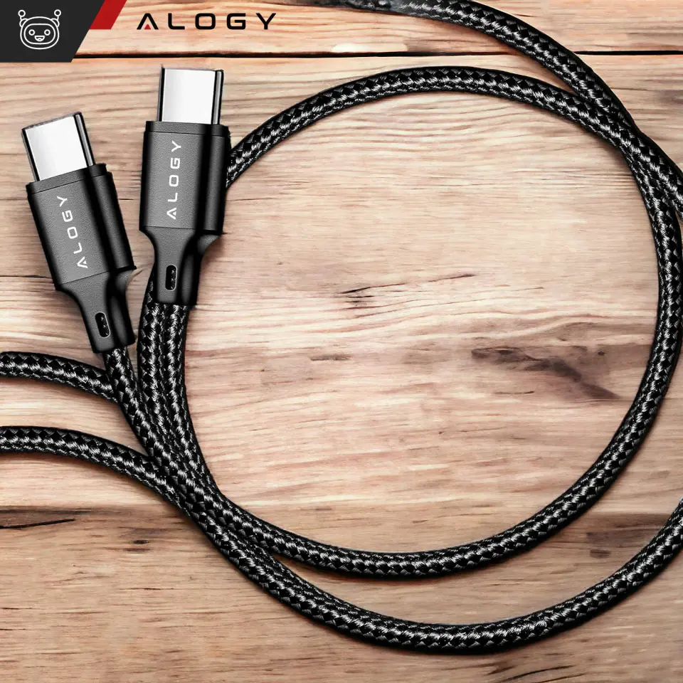 Kabel USB-C typ C mocny szybki 60W PD 2M do iPhone 15/Pro/Max nylonowy przewód Alogy Czarny