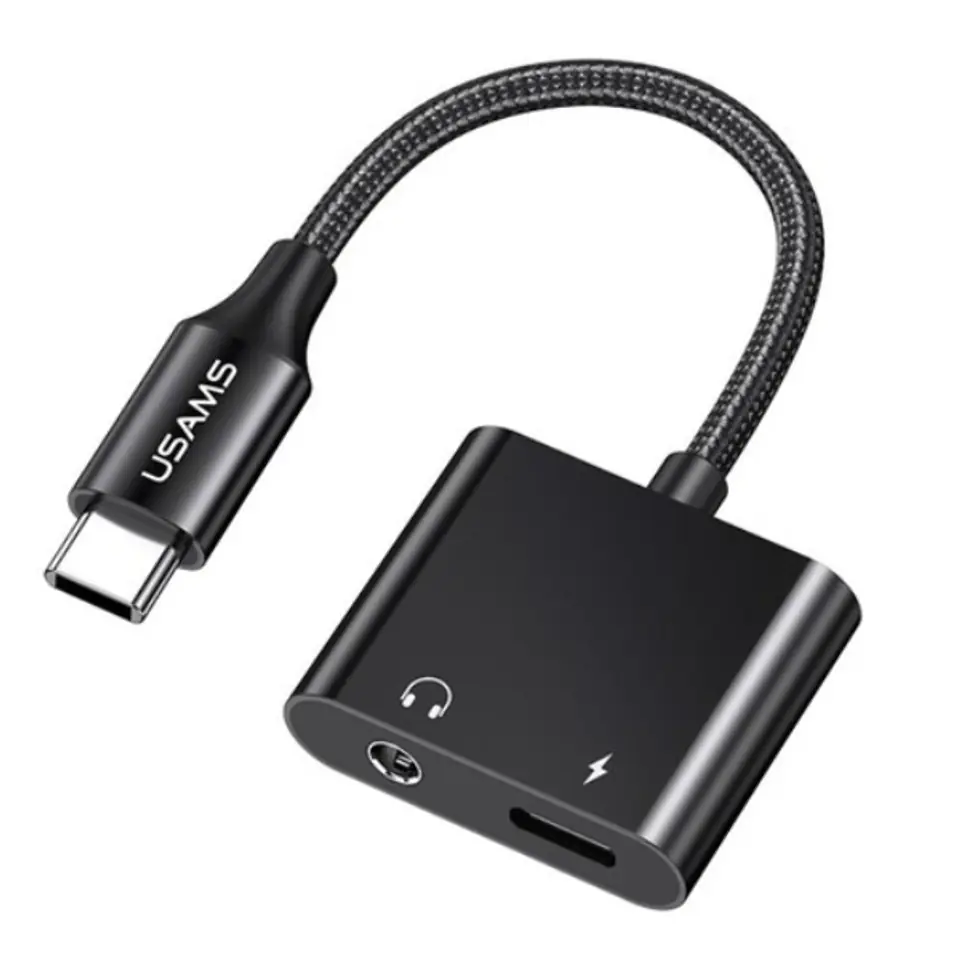 USAMS AU15 Adapter USB-C - jack 3.5mDAC + USB-C PD60W czarny/black SJ598YPTC01 (US-SJ598)