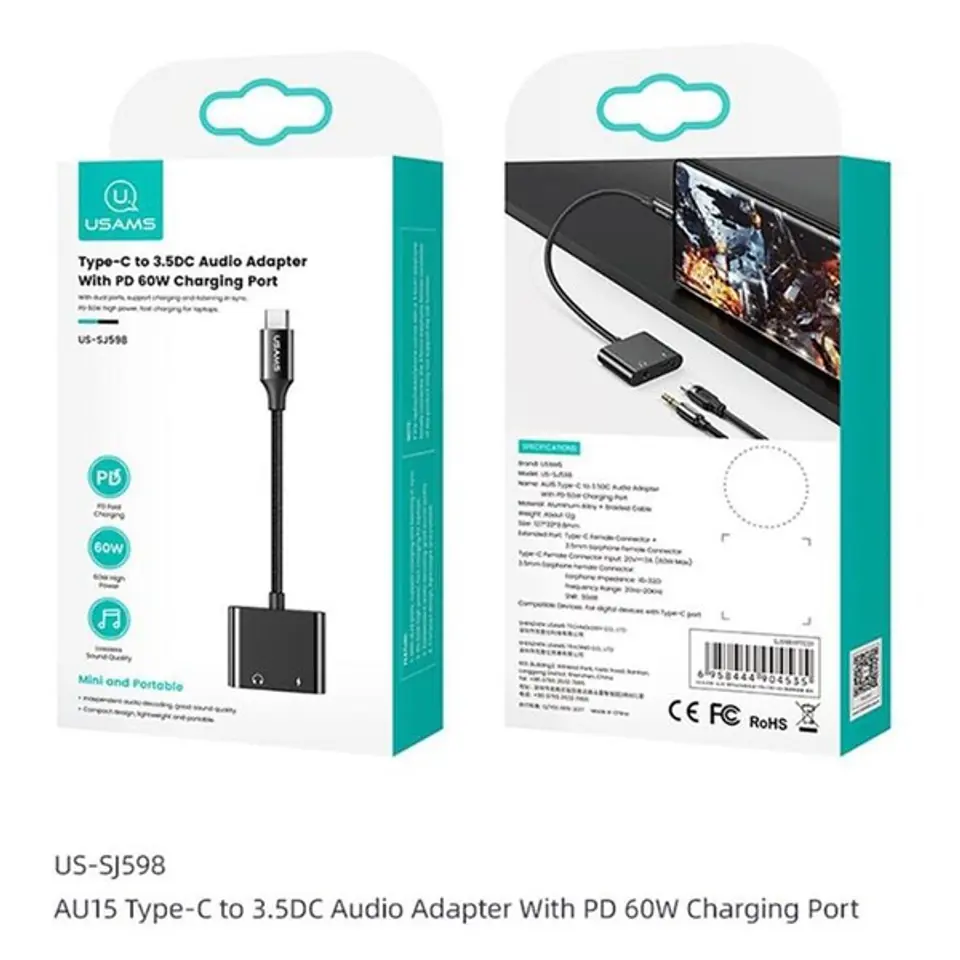 USAMS AU15 Adapter USB-C - jack 3.5mDAC + USB-C PD60W czarny/black SJ598YPTC01 (US-SJ598)