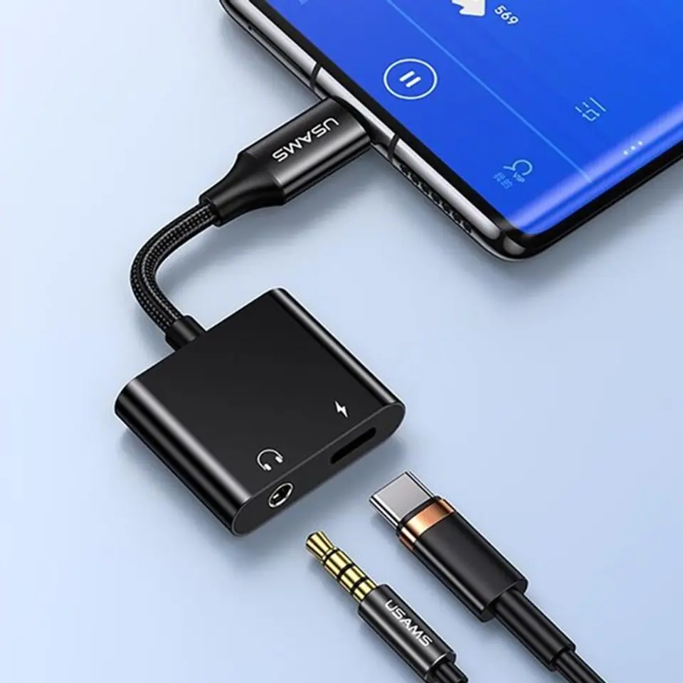 USAMS AU15 Adapter USB-C - jack 3.5mDAC + USB-C PD60W czarny/black SJ598YPTC01 (US-SJ598)