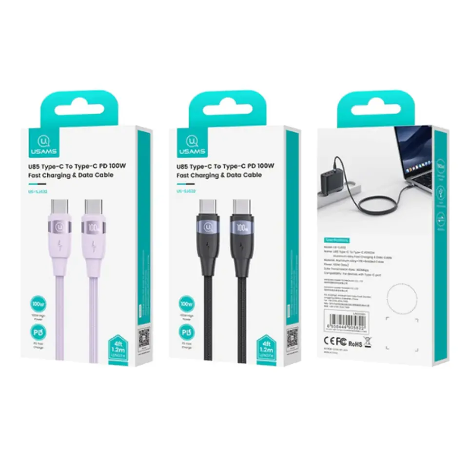 USAMS Kabel U85 USB-C na USB-C 100W 1.2mPD Fast Charging czarny/black SJ632USB01 (US-SJ632)
