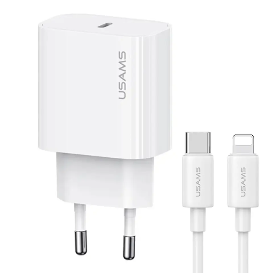USAMS Ład. siec. 1xUSB-C T65 PD20WPD Fast Charging US-CC226 + kabel USB-C/Lightning US-SJ712 30W biały/white Yi Series OYXLTZ02