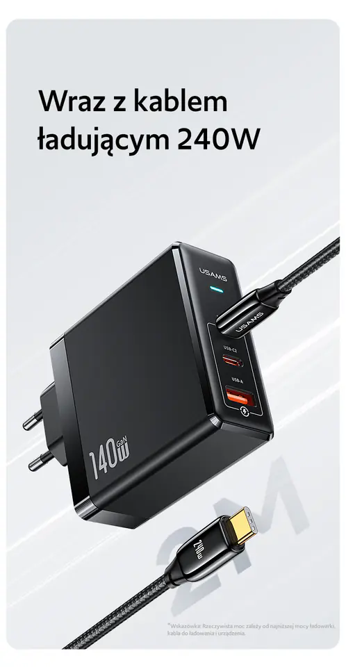 USAMS Ład. siec. 2xUSB-C+1xUSB T52PD140W PD Fast Charging US-CC168 + kabel U82 USB-C/USB-C US-SJ581 240W czarny/black UM Series UMXLOGTC01