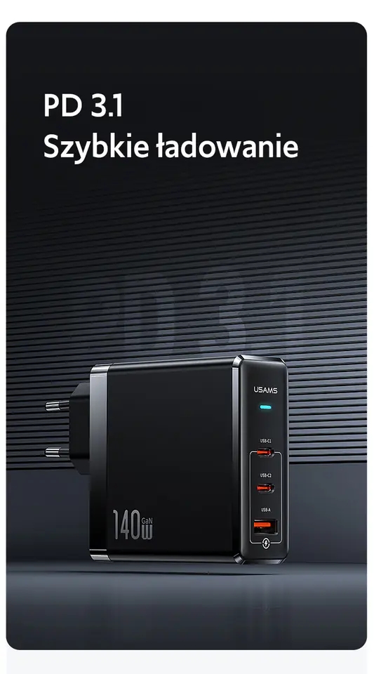 USAMS Ład. siec. 2xUSB-C+1xUSB T52PD140W PD Fast Charging US-CC168 + kabel U82 USB-C/USB-C US-SJ581 240W czarny/black UM Series UMXLOGTC01