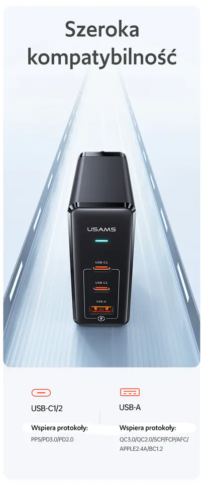 USAMS Ład. siec. 2xUSB-C+1xUSB T52PD140W PD Fast Charging US-CC168 + kabel U82 USB-C/USB-C US-SJ581 240W czarny/black UM Series UMXLOGTC01