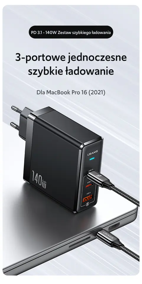 USAMS Ład. siec. 2xUSB-C+1xUSB T52PD140W PD Fast Charging US-CC168 + kabel U82 USB-C/USB-C US-SJ581 240W czarny/black UM Series UMXLOGTC01