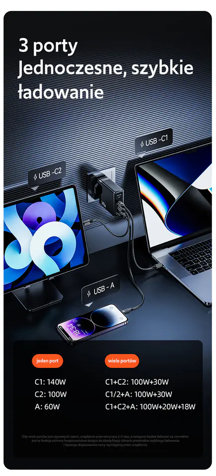 USAMS Ład. siec. 2xUSB-C+1xUSB T52PD140W PD Fast Charging US-CC168 + kabel U82 USB-C/USB-C US-SJ581 240W czarny/black UM Series UMXLOGTC01