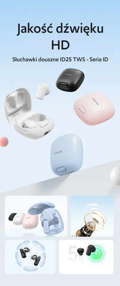USAMS Słuchawki Bluetooth 5.3 TWSID Series bezprzewodowe biały/white BHUID02 (ID25)