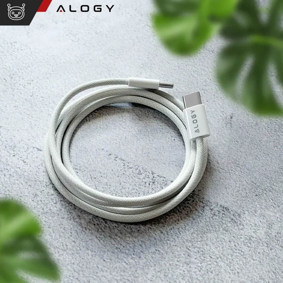 Kabel USB-C typ C mocny szybki 60W PD 1M do iPhone 15/Pro/Max iPad MacBook nylonowy przewód Alogy Biały