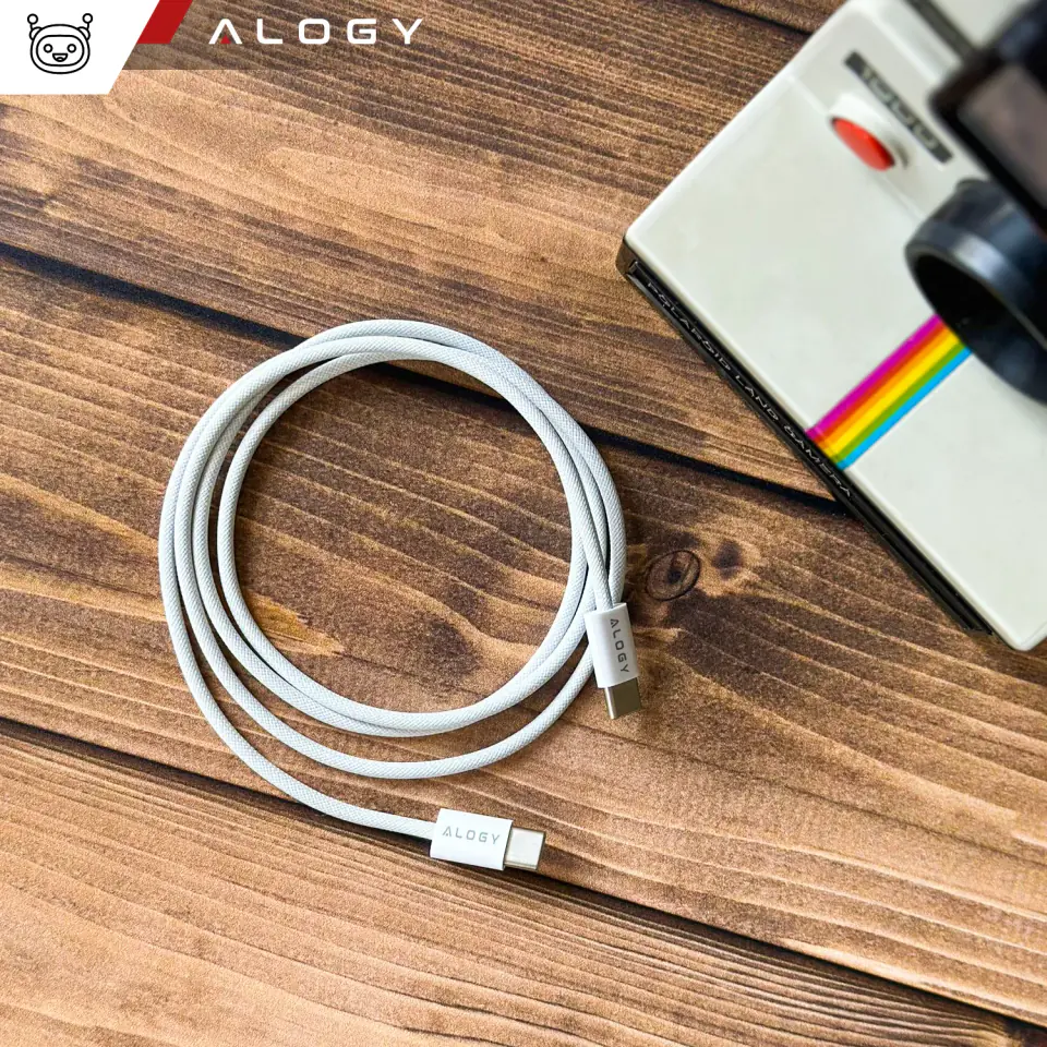 Kabel USB-C typ C mocny szybki 60W PD 1M do iPhone 15/Pro/Max iPad MacBook nylonowy przewód Alogy Biały