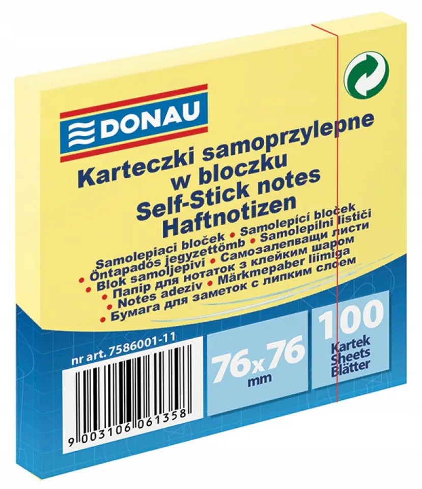 Bloczek samoprzylepny 76x76mm 100k żółty DONAU 7586001-11