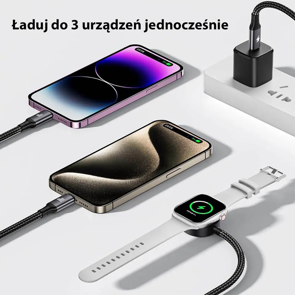AWEI kabel W23 3w1 usb-c/lightning/watch100W/10W/2.5W czarny/black