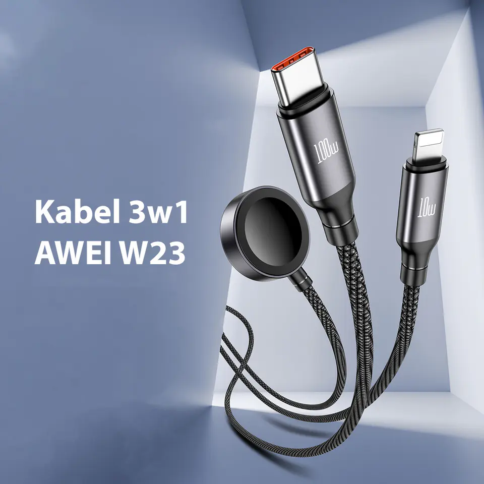 AWEI kabel W23 3w1 usb-c/lightning/watch100W/10W/2.5W czarny/black