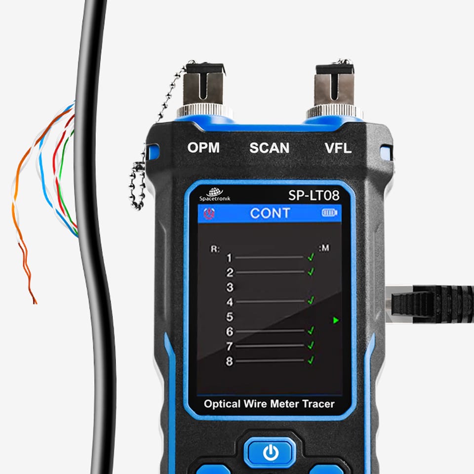 tester kabli, tester sieci, Spacetronik SP-LT08, tester światłowodów, testowanie PoE, miernik mocy optycznej, lokalizator usterek światłowodowych, detektor napięcia bezkontaktowy, pomiar długości kabli, port flash, test RJ45, tester LAN, narzędzie do testowania kabli, profesjonalny tester kabli, narzędzie do konserwacji sieci, mapowanie przewodów, śledzenie kabli, tester kabli Cat5, tester kabli Cat6, wielofunkcyjny tester kabli